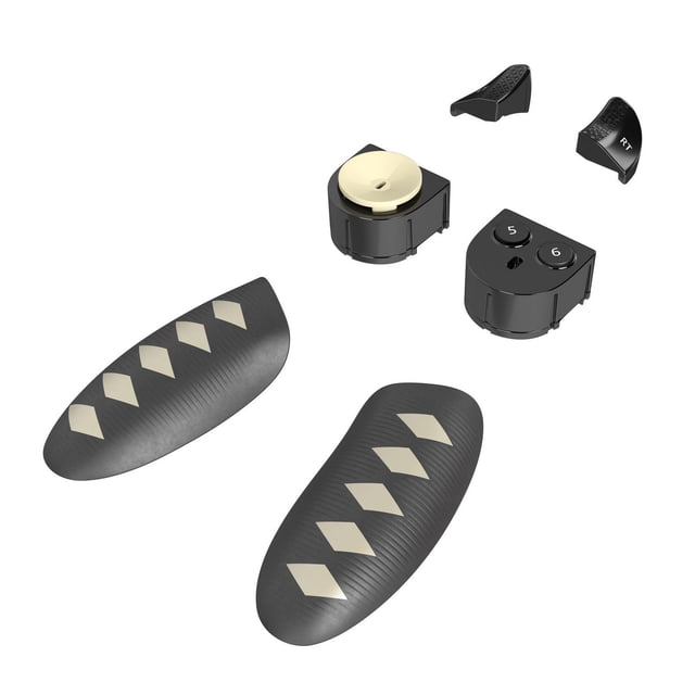 Thrustmaster eSwapX Ensemble de Combat avec Composants Modulaires de Manette Noire Incluant Deux Poignées Ergonomiques avec Motifs de Losanges Beiges, un Coussinet en D Circulaire beige Multidirectionnel, un module de Combat à Deux Boutons avec Boutons Étiquetés 5 et 6, et Deux extensions de Gâchettes Noires Marquées RT, Conçu pour Xbox Series X/S et Jeux sur PC.