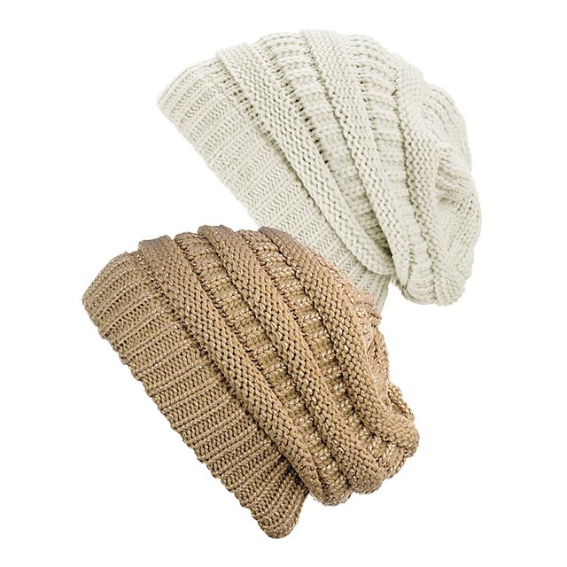 Womens Knit Beanie Cap Hat (2 PACK), Ivory/Gold