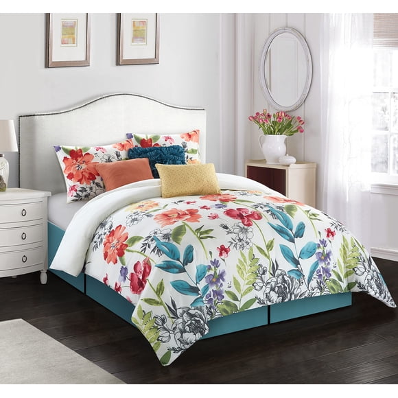 Grand Avenue Ensemble de Douillette 7 Pcs Format Grand Lit, Douillette à Imprimé Floral, Ensemble de Literie Doux et Tendance, Jupe de Lit, Oreillers et Couvre-Oreillers
