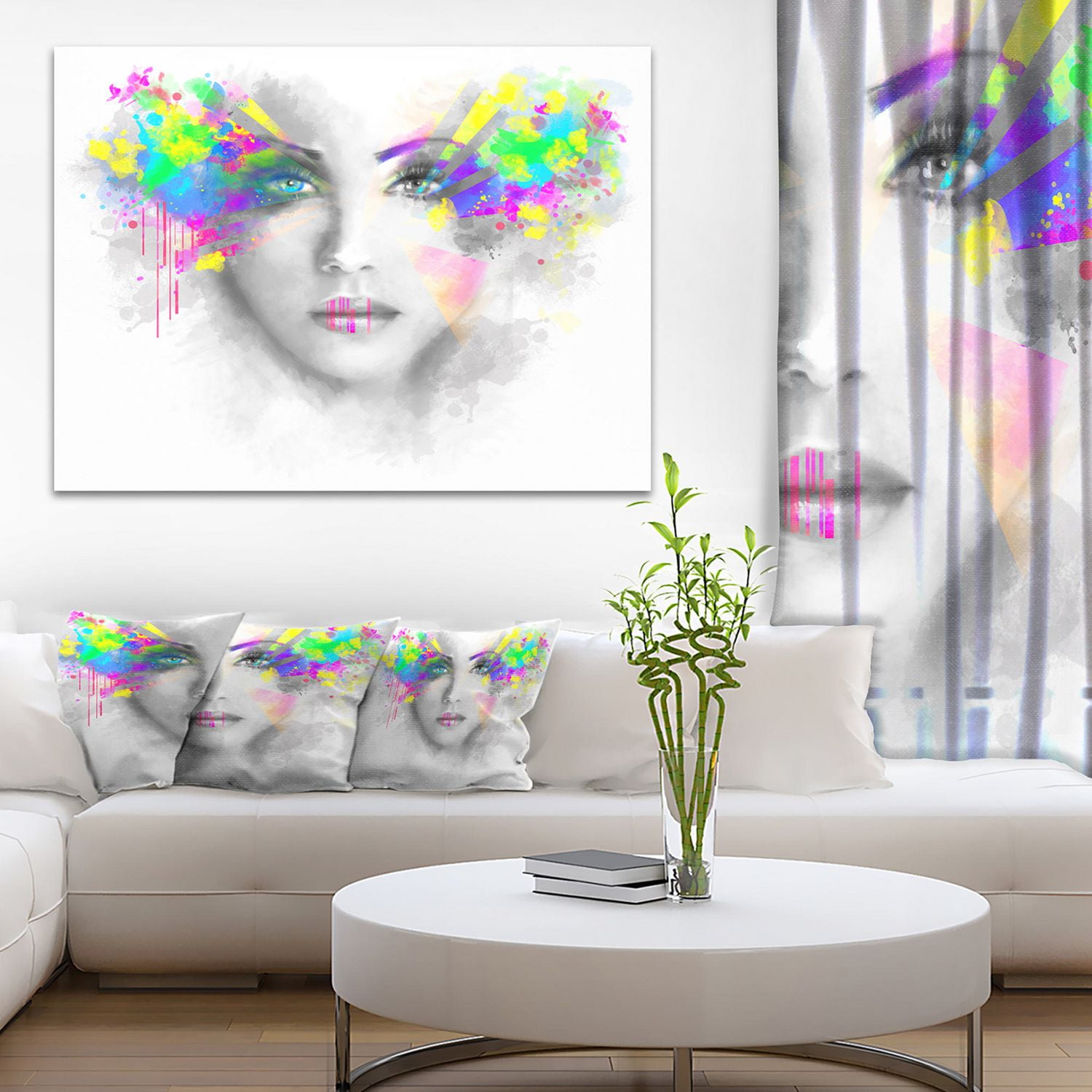Design Art Gray Woman with Green Flowers Canvas Print