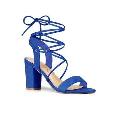 BLISSFUL STEP Women's Shoes Faux Suede Lace Up Block Heel Slingback Open Toe Sandals Royal Blue 7