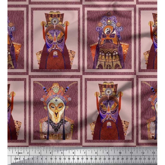 Soimoi Poly Georgette Fabric Animal Skin & Chinese Opera Mask Devil Print Fabric by The Yard 52 Inch Wide