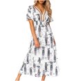 thumbnail image 1 of Pompotops Femmes Casual V-Cou Épissage Manches Courtes Impression Robes Cheville, 1 of 6