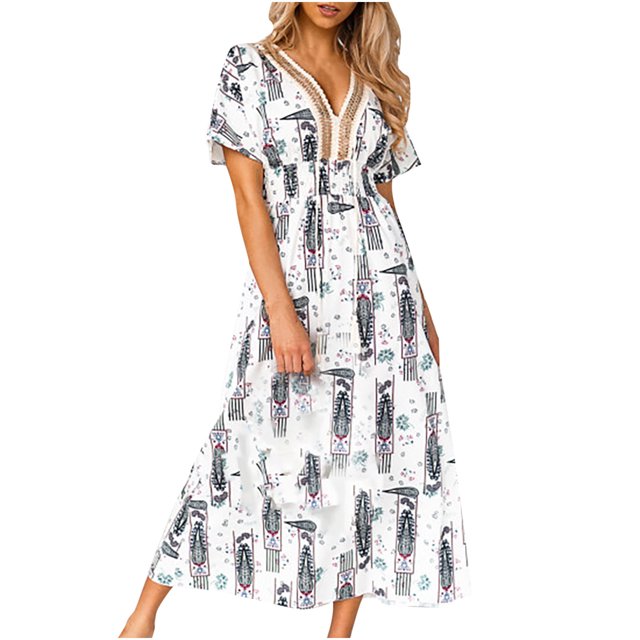 Pompotops Femmes Casual V-Cou Épissage Manches Courtes Impression Robes Cheville