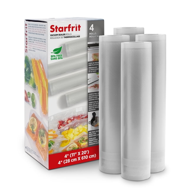 Starfrit Vacuum Sealer Rolls, 4 rolls each 11" x 20', BPA free, providing airtight sealing to preserve freshness and prevent freezer burn. Four textured translucent rolls stand upright next to the box displaying sealed food and product details. Suitable for sous vide cooking and compatible with most vacuum sealers, also ideal for storing herbs and snacks.