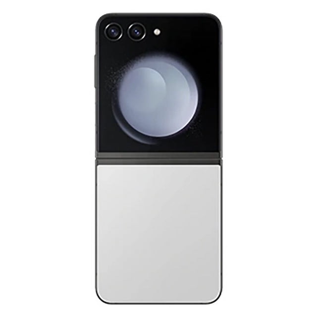 Restored Samsung Galaxy Z Flip5 512GB Unlocked Smartphone in grey, shown in a folded position with its 3.4-inch Super AMOLED cover screen displaying a circular graphic. Features include a 6.7-inch Dynamic AMOLED 2X main screen, Snapdragon 8 Gen 2 processor, 8GB RAM, and 512GB storage. Water-resistant with an IPX8 rating and equipped with a 10MP front camera for selfies and video calls. Compact, foldable design for easy portability and one-hand control.
