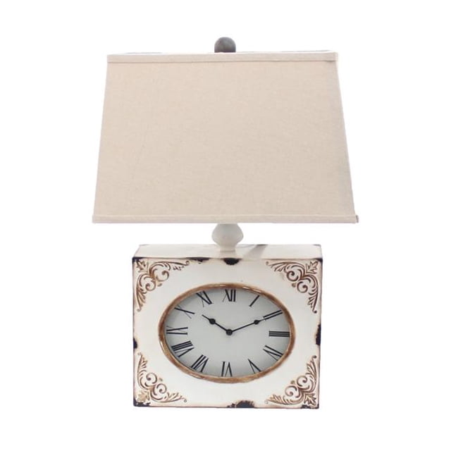 HomeRoots Furniture 274471 Vintage White Table Lamp with Metal Clock Base