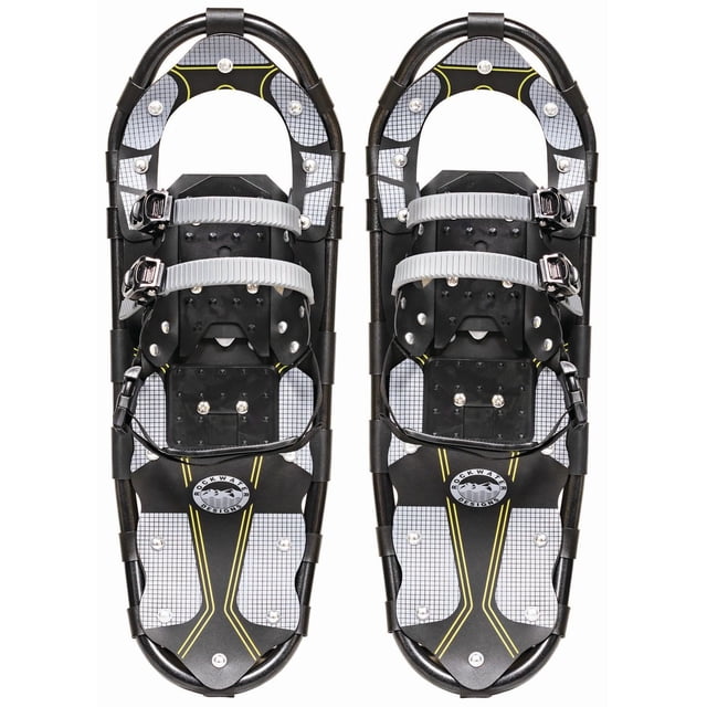 RWD Trail Paw Aluminum Snowshoes with anodized aluminum t6061 frame and black and grey grid-patterned HD-PE decking resistant to -40°C, featuring freeze-free pump ratchet buckle bindings, front and rear aluminum claws for traction, and Rockwater Designs logo, ideal for winter snowshoeing and suitable for hiking on icy terrain.