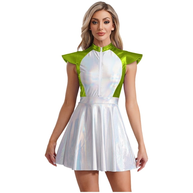 iiniim Costume d'Alien de l'Espace pour Femmes, Astronaute Robot Pailleté, Tenue de Cosplay, Robe Trapèze Évasée Courte, Vert, M