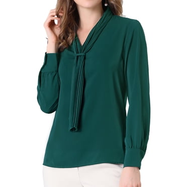 INSPIRE CHIC Women's Long Sleeve Blouses Chiffon Pleated Tie Neck Office Top Shirt L Dark Green