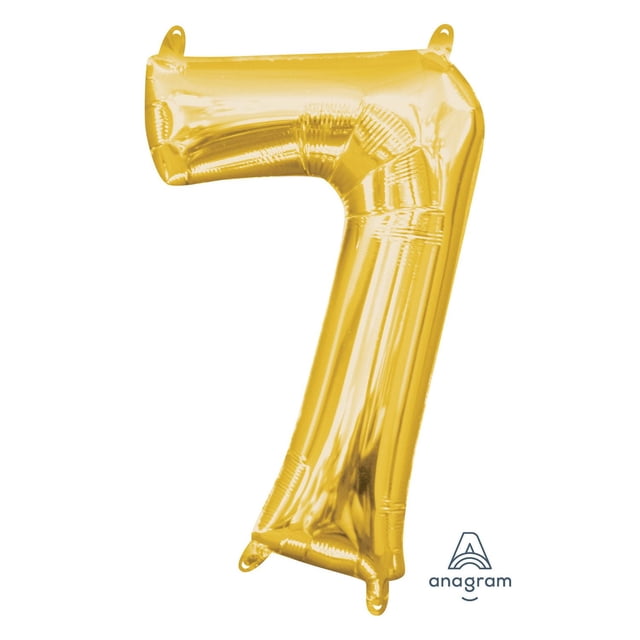 Anagram International Party Eh! Gold Mini "7" Banner foil balloon in shiny gold color, air-filled with included straw, featuring tabs for easy hanging, suitable for party decorations or photo booth props.
