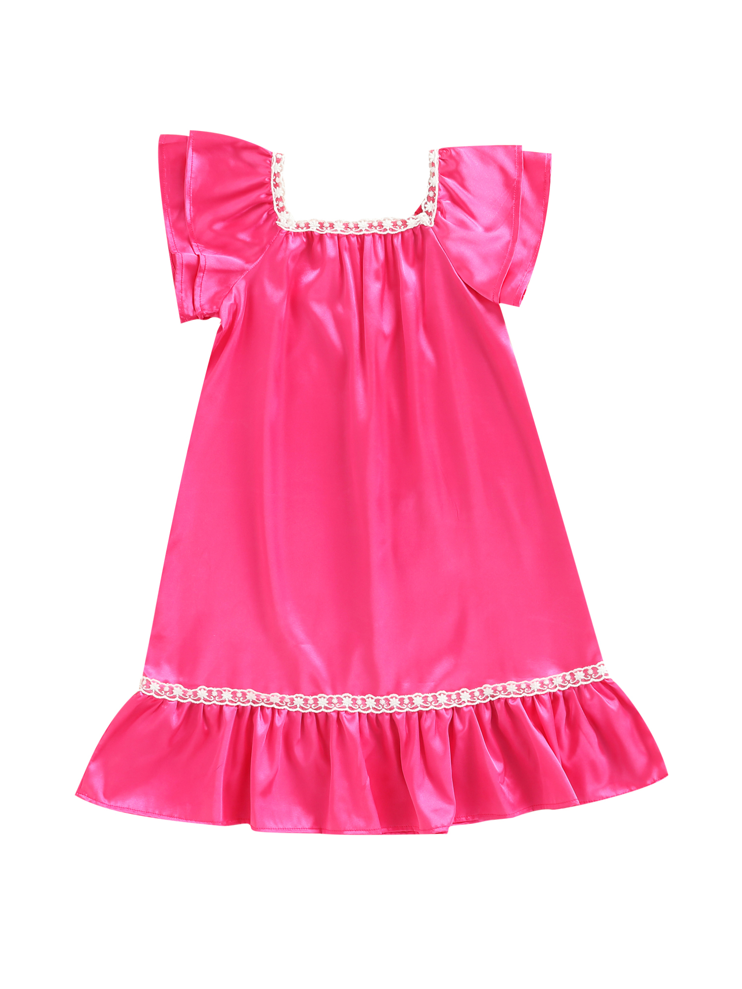SAYOO Robe de Nuit pour Bébé Fille, Manches Courtes Col Carré Satin Été Automne Décontracté Maison Dentelle Midi