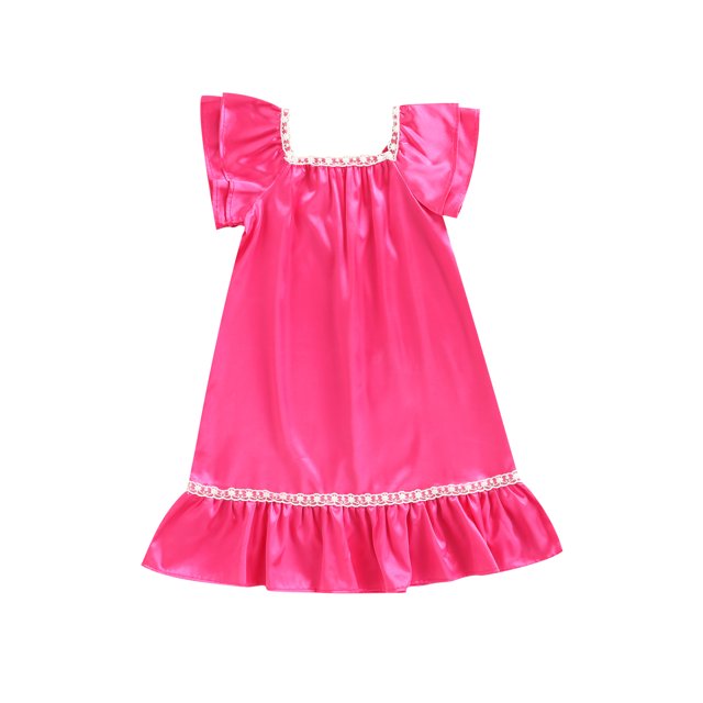 SAYOO Robe de Nuit pour Bébé Fille, Manches Courtes Col Carré Satin Été Automne Décontracté Maison Dentelle Midi