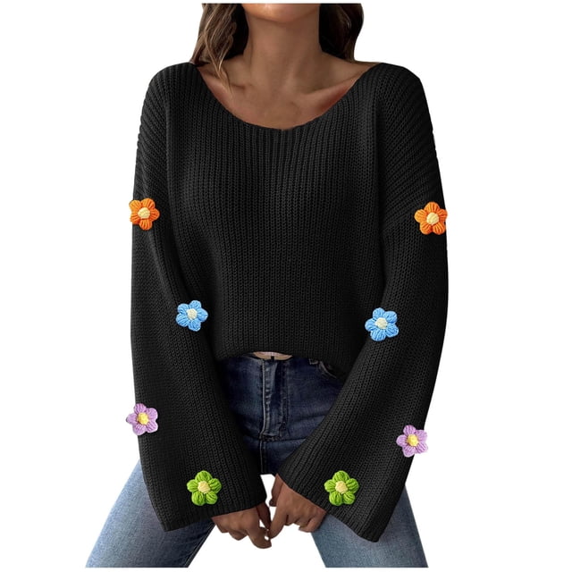 Pisexur Chandails pour Femmes Chandails à Manches Longues à Col Rond Chandail Tricoté Uni pour Femmes Chandails Décontractés Amples d'Automne Hauts Blouse Tendance Chandails à Imprimé Floral pour Femmes