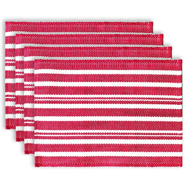 Fabstyles Broadway Stripe Cotton Placemats Set of 4 made of heavyweight woven cotton with red and white horizontal stripes, each 13 x 19 inches, stacked neatly, suitable for kitchen, dining, or outdoor tables and often used as durable counter mats.