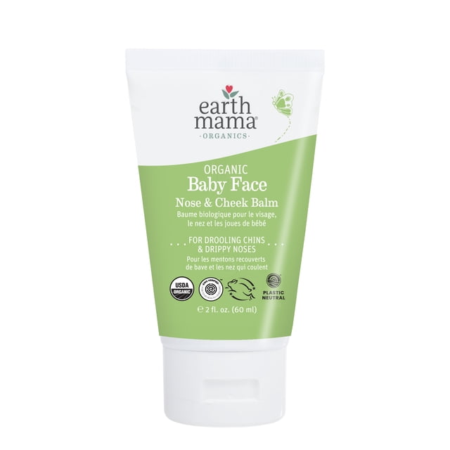 Earth Mama Organic Baby Face Nose & Cheek Balm 60ml in a white and green squeeze tube, USDA Organic and Plastic Neutral certified, designed to soothe and moisturize chapped, dry skin on babies' drooling chins and runny noses, ideal for baby skin care.