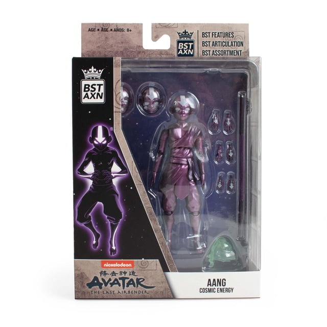 Aang Cosmic Energy (Avatar: The Last Airbender) BST AXN 5" Action Figure in window box packaging showing a 13 cm articulated figure with purple cosmic energy design, 31 points of articulation, multiple interchangeable hands, two additional head portraits, a staff, and air power effects, featuring Nickelodeon and BST AXN branding.