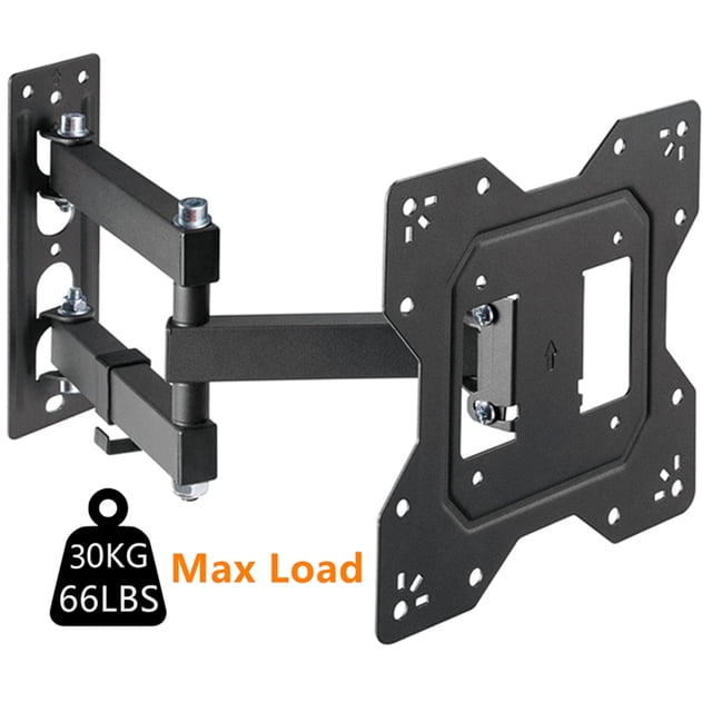 Full Motion TV Wall Mount for 23-43 inch flat or curved screens, supporting up to 66 lbs (30 kg) with a maximum VESA compatibility of 200x200mm. The black steel articulating TV bracket features a tilt range of +3° to -10° and 180° swivel for optimal viewing angles. It extends up to 14.9 inches and retracts to 2.2 inches for a low-profile look. Includes cable management for organized setup and is suitable for single-stud or concrete wall installation.