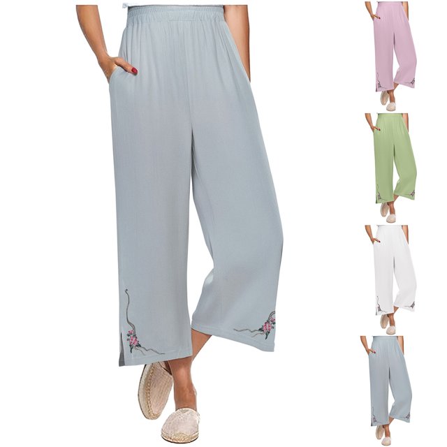 Womens Wide Leg Cropped Pants Cotton Linen Elastic High Waisted Palazzo Pants with Pockets Gray