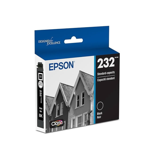 Epson T232 Original Standard Yield Inkjet Ink Cartridge black pack with blue and black packaging, featuring Epson branding, cartridge number 232, and standard-capacity black inkjet ink designed for sharp text and vibrant photo-quality prints, ideal for printer supplies.