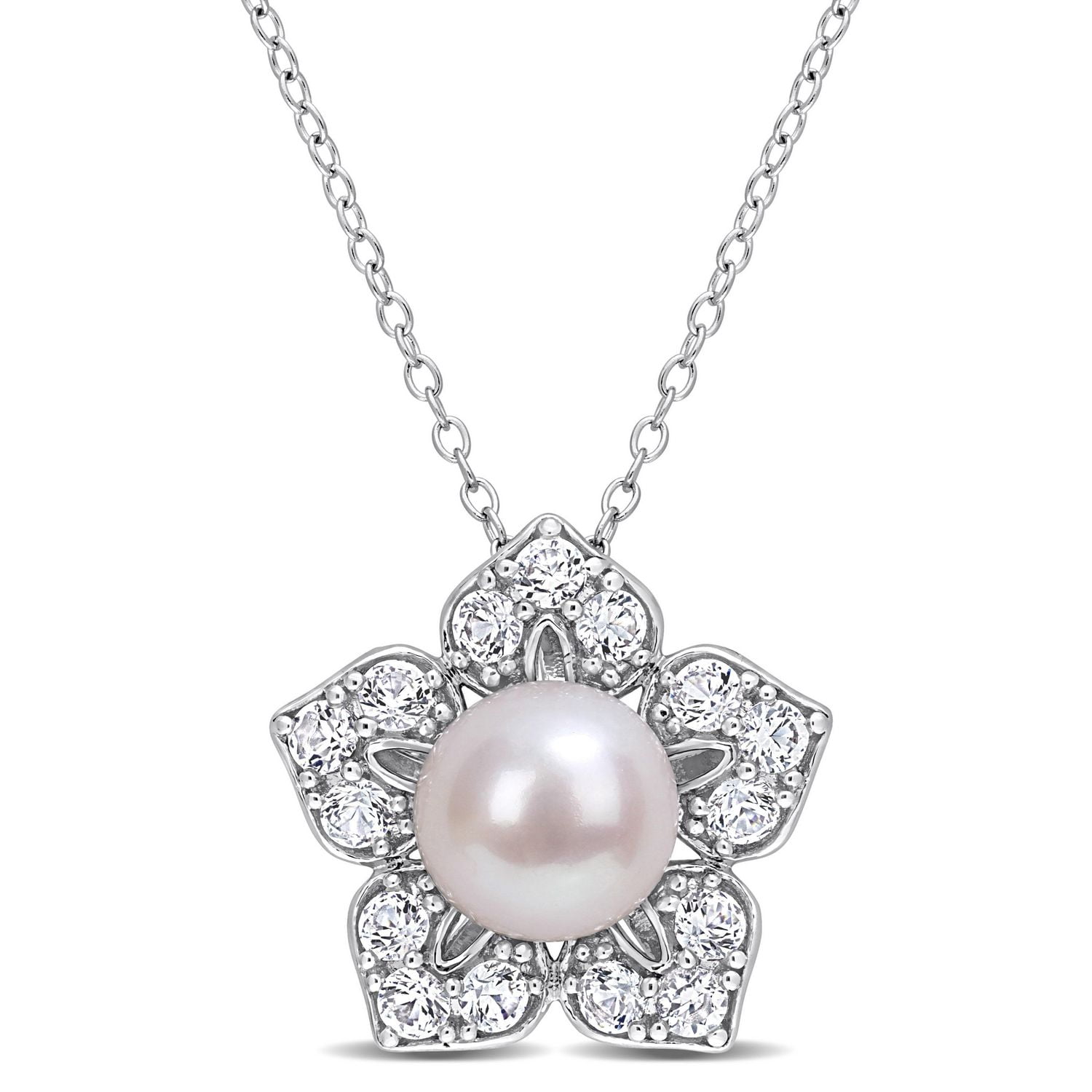 Collier Miabella avec perles culture d'eau douce et saphirs blancs synthétiques de 1-1/3 carat p.t. en argent sterling