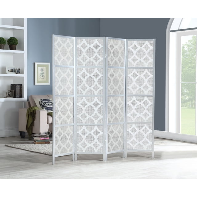 Roundhill Furniture Quarterfoil Infused Diamond Design 4-Panel Room Divider, Silver