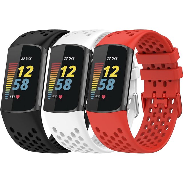Bracelets Sport pour Fitbit Charge 5 - Bracelets de Montre de Remplacement en Silicone Ajustables en Noir, Blanc et Rouge. Conçus avec un Motif Respirant et Poreux et une Fermeture à Boucle, Ces Bracelets pour Montre Intelligente Sont Exclusivement Compatibles avec les Traqueurs d'Activité Fitbit Charge 5. Doté d'Un design à Dégagement Rapide pour une installation et un Retrait Faciles, Convient aux sports et aux Activités de Plein Air.