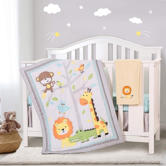 Sweet Baba Gray Lion Crib Bedding Set for Unisex Girls and Boys, 4 Pieces Crib Set Including Quilt, Fitted Sheet, Crib Skirt,Blanket