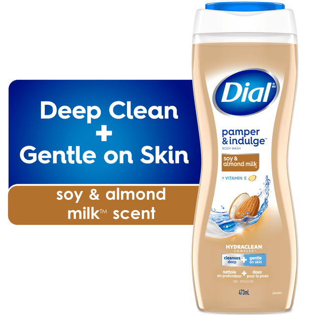 Dial Soy and Almond Milk Hydrating Body Wash 473ml bottle with soy and almond milk scent and vitamin E, featuring HYDRACLEAN Complex for deep cleansing and gentle skin care, dermatologist tested and free from silicones, parabens, phthalates, and SLS, suitable for daily bath and shower use.