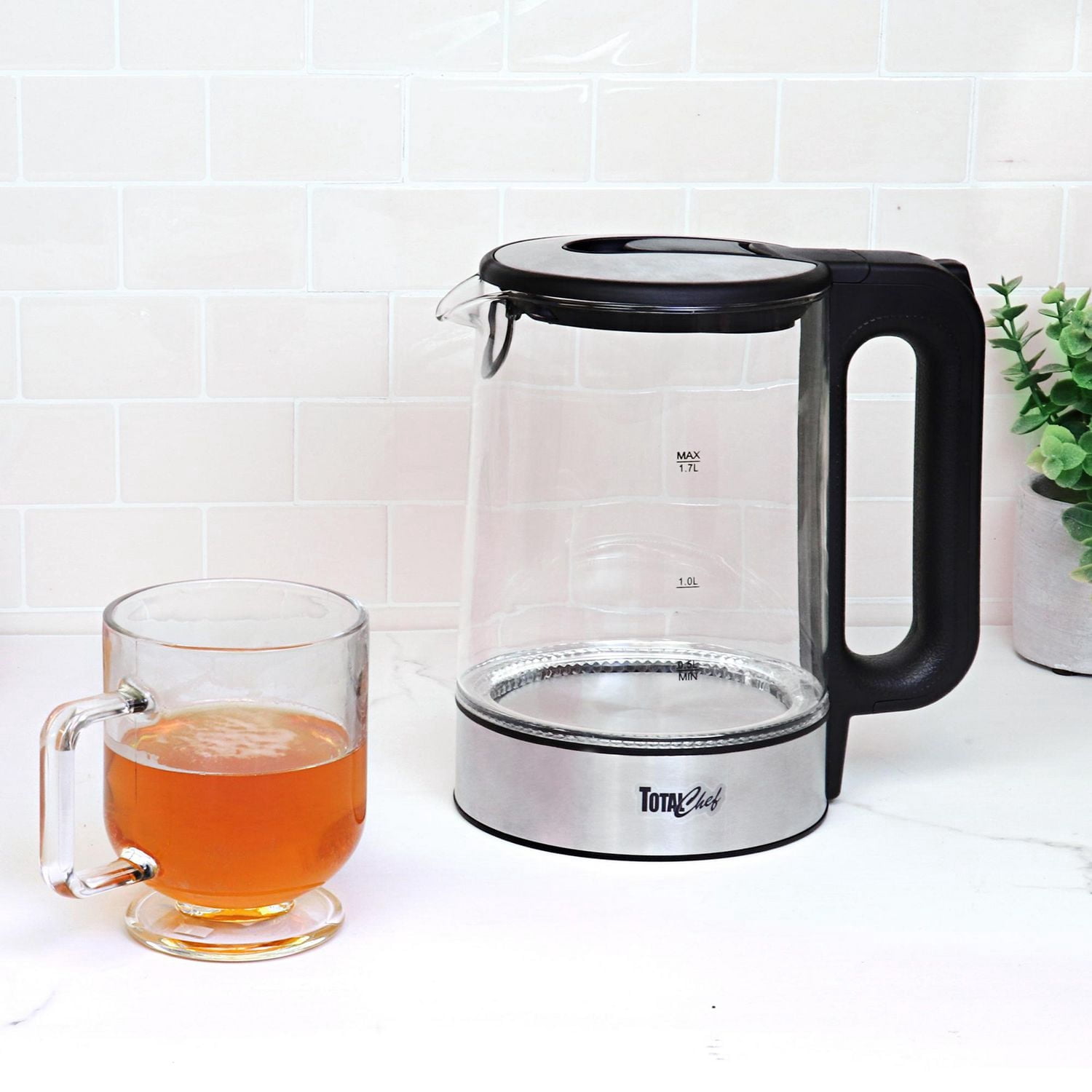 Bouilloire électrique Total Chef Bouilloire électrique Bouilloire électrique portable en verre 1,7 L avec lumière LED bleue, arrêt automatique avec couvercle Bouilloire électrique en acier inoxydable