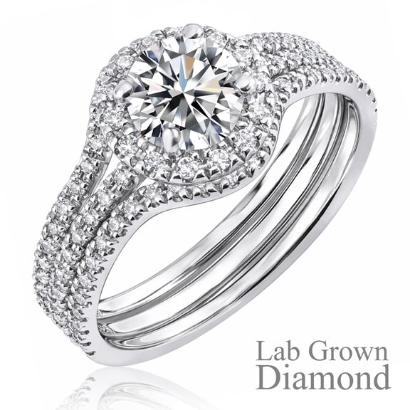 JeenMata Ensemble de Bagues de Mariage Trio en Diamant de Laboratoire de 1 Carat - Bague Statement Halo Taille Ronde en Placage Or Blanc 18K pour Femmes