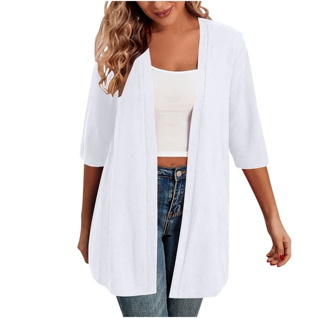 Timegard Cardigans pour Femmes Manches 1/2 Ouvert Léger Couleur Unie Décontracté Veste Ample Hauts
