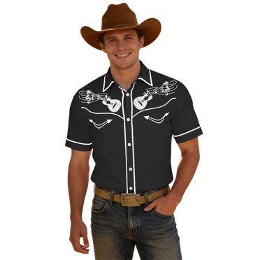 Western Cowboy Print Short Sleeve Shirt for Casual Button Down Camp Style with Classic Yoke Design Men’s Western Shirt