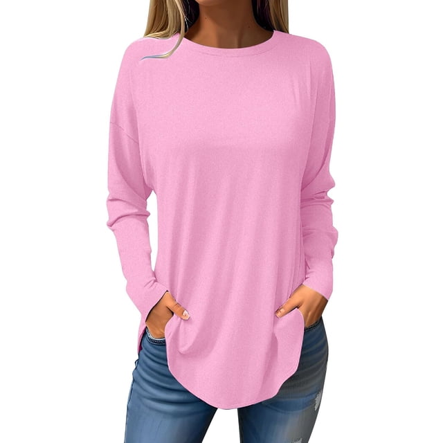 LLYwey Tuniques pour Femmes en Solde Blouses d'Automne Unies à Col Rond pour Femmes Mode Blouses à Manches Longues Smockées Hauts Chandails à Col Rond Blouses Chemises Roses G
