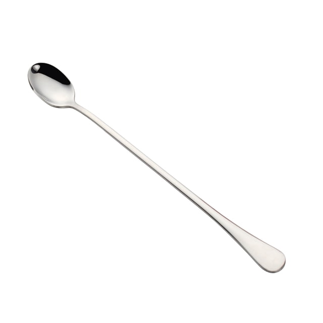 Amdohai 9-inch iced tea spoon crafted from 410 stainless steel with titanium plating, featuring a long handle and mirror-polished surface. Ideal for stirring coffee, tea, milkshakes, and cocktails, and suitable for deep cups. Sleek design complements various cup styles, perfect for flatware and cutlery collections.