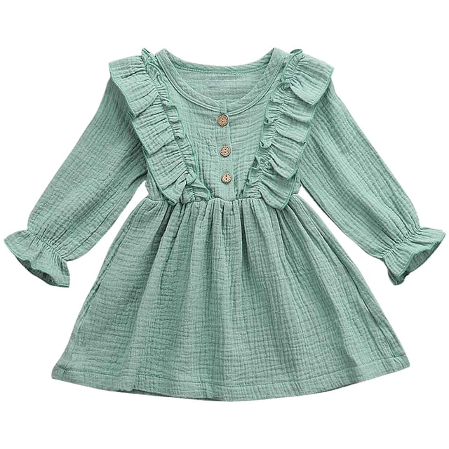Splozh Fall Dress for Girls Toddler Kids Baby Girl Solid Linen Button Ruffle Party Dress Clothes Green,12-18 Months
