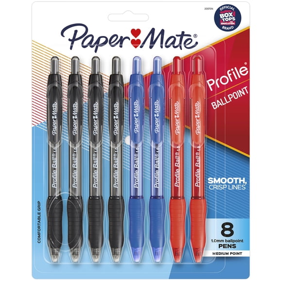Stylos bille Paper Mate Profile, stylos rétractables, pointe moyenne (1,0&nbsp;mm), couleurs assorties, 8&nbsp;unités