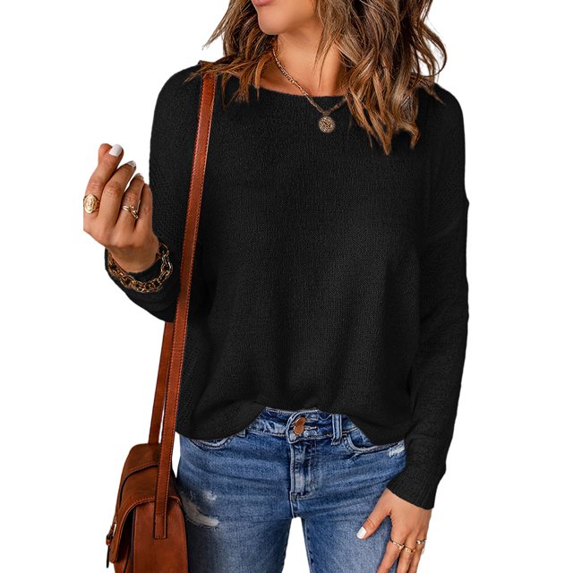 Innerwin Sweater Solid Color Ladies Jumper Tops Chic Long Sleeve Casual Knitted Sweaters Black S