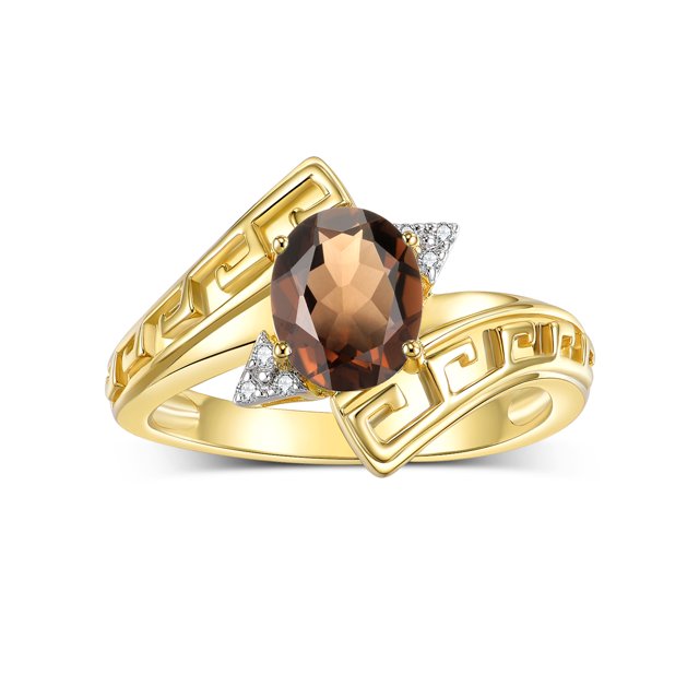 RYLOS Rings for Women 14K Yellow Gold Greek Key Designer Ring 9X7MM Gemstone & Diamond Ring June Smoky Quartz Jewelry Size 9