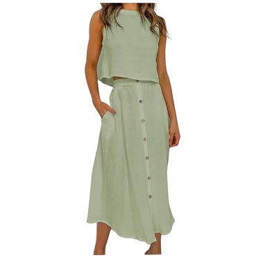 Mikilon Womens Summer Dresses Sexy Skirt Set Spring and Summer High Waist Solid Color Round Collar Vest Shirt Mid-Length Buttoned Dress Two Piece Suit Green L