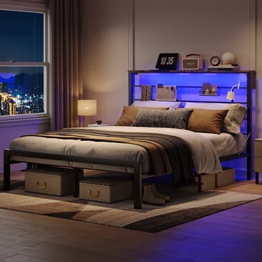 Bestier Cadre de Lit Grand Size avec Tête de Lit de Rangement DEL de 125 cm de Hauteur, Lit Plateforme en Métal, Noir