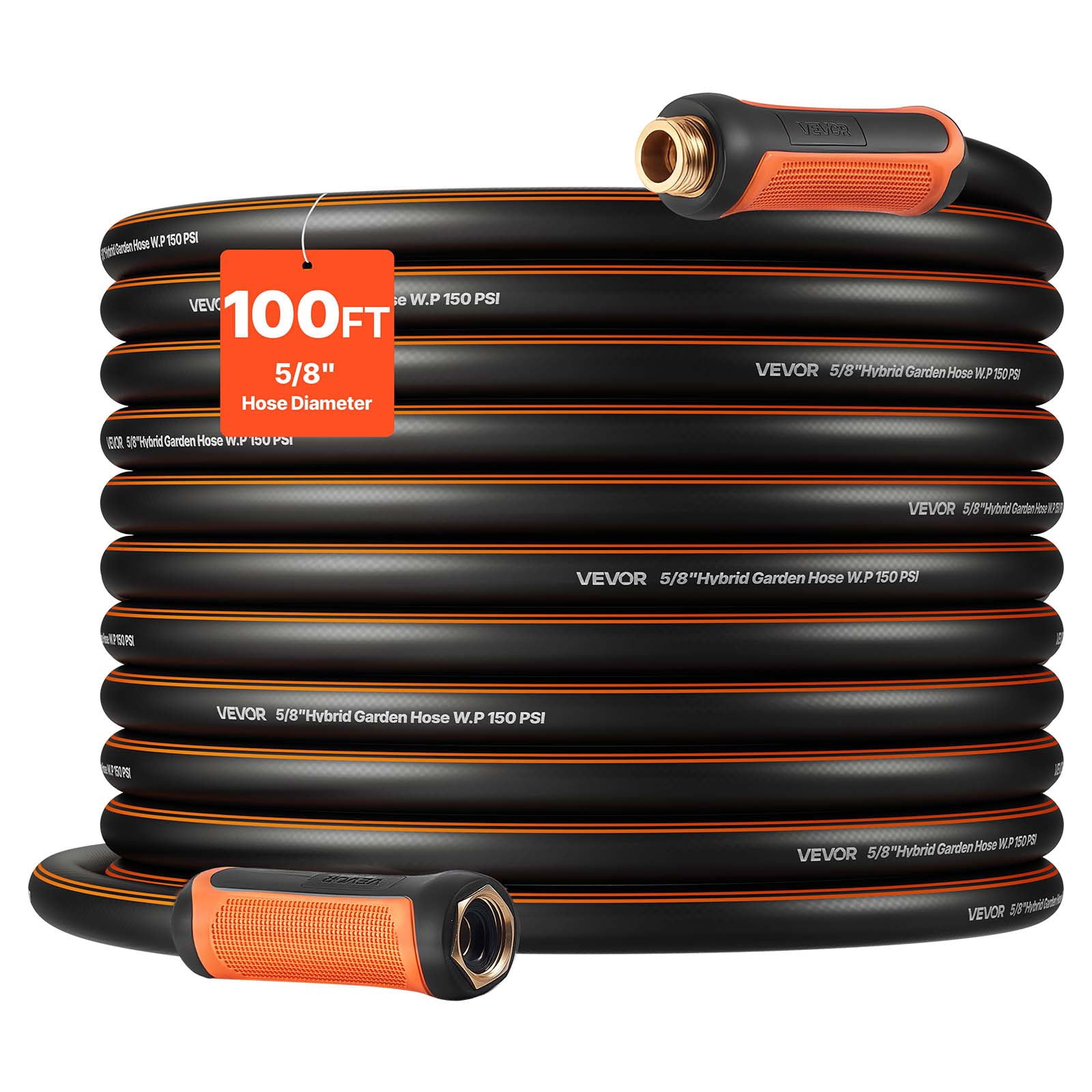 VEVOR Garden Hose, 100 ft 5/8" Heavy Duty 4-Layer Rubber Water Hose, 150PSI Working & 600PSI Burst, Flexible & Non-kink Outdoor Waterhose