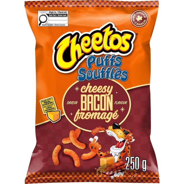 Cheetos Puffs Cheesy Bacon Cheese Flavoured Snacks bag in orange and dark red checkered pattern, featuring the Cheetos logo, cartoon cheetah mascot holding bacon and cheese, and 250 g weight, highlighting cheesy bacon flavour made with real cheese, ideal for cheese puff snack enthusiasts.