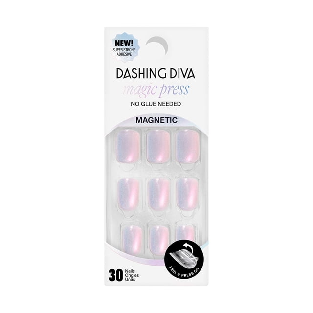 DASHING DIVA - MAGIC PRESS - GLAMOUR GLITCH medium length square-shaped glossy press-on gel nails with iridescent blue and pink magnetic shimmer, featuring waterproof, chip-resistant surface and super-strong adhesive lasting up to 10 days, packaged with 30 nails and easy peel-and-press application, suitable for quick nail enhancement without glue.