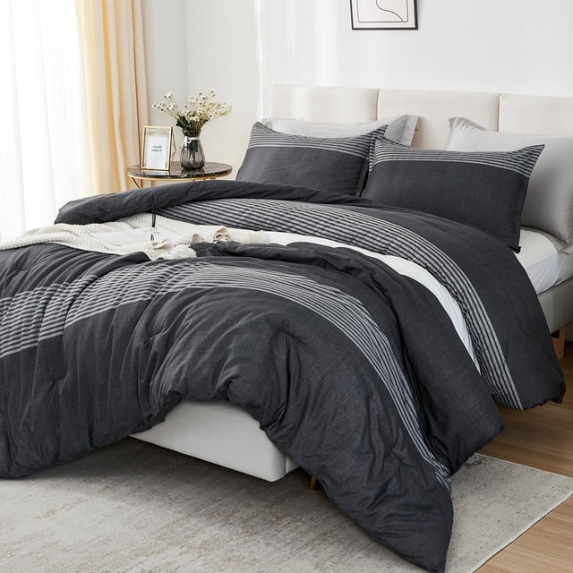 Litanika Full Size Comforter Sets Black White Grey - 3 Pieces Lightweight Bedding Set, All Season Down Alternative Comforter (1 C
