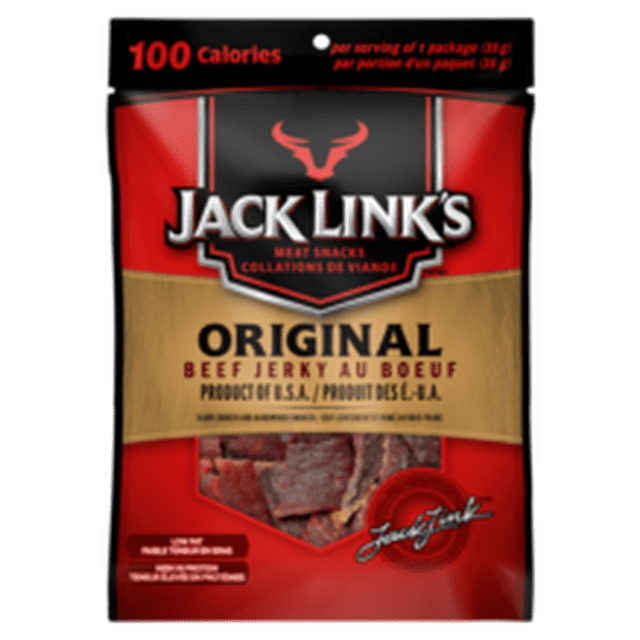 JACK LINK'S ORIGINAL BEEF JERKY 35G pack with red and tan packaging featuring the Jack Link's logo and a clear window showing dark brown dried beef jerky pieces, a protein-rich snack with 15g protein and 100 calories per serving, ideal for quick energy, lunchboxes, or work snacks.