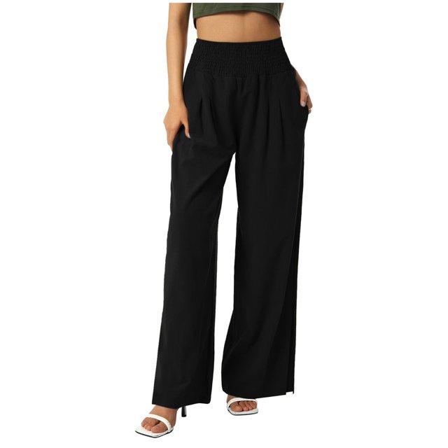 Pantalon Grand en Coton et Lin, Taille Haute, Fendu, Décontracté, Mode pour Femmes