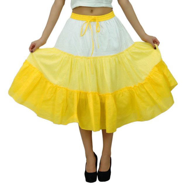 Bimba Flaired Cotton Boho Summer Skirt Elastic Waist Mid-Calf Ruffle Skirts