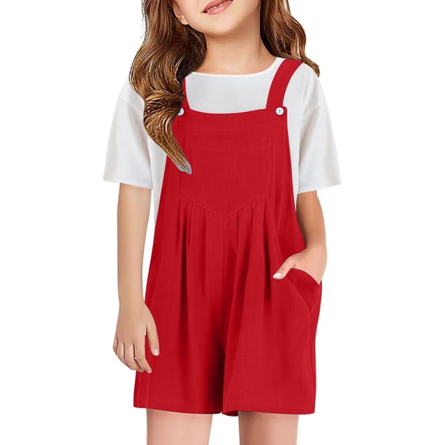 Wdgfv Girls Overall Shorts Kids Summer Casual Adjustable Strap Rompers Red 5-6 Years