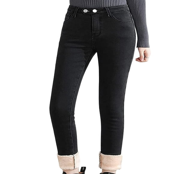 Women Winter Warm Fleece Lined Thick Jeans Plus Size High Waisted Stretchy Skinny Thermal Jeggings Denim Pants Black 26